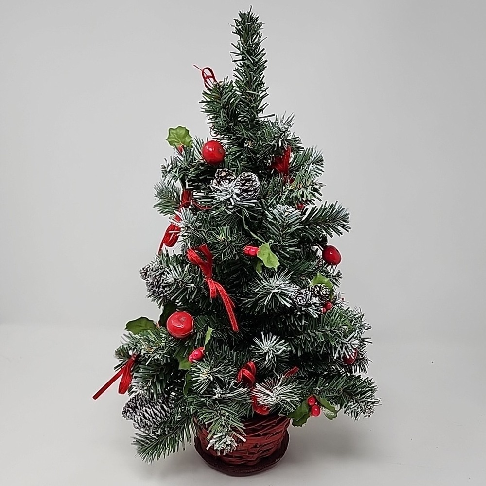Vintage Tabletop Christmas Tree – 14" Pine With Pinecones Berries Red Basket...